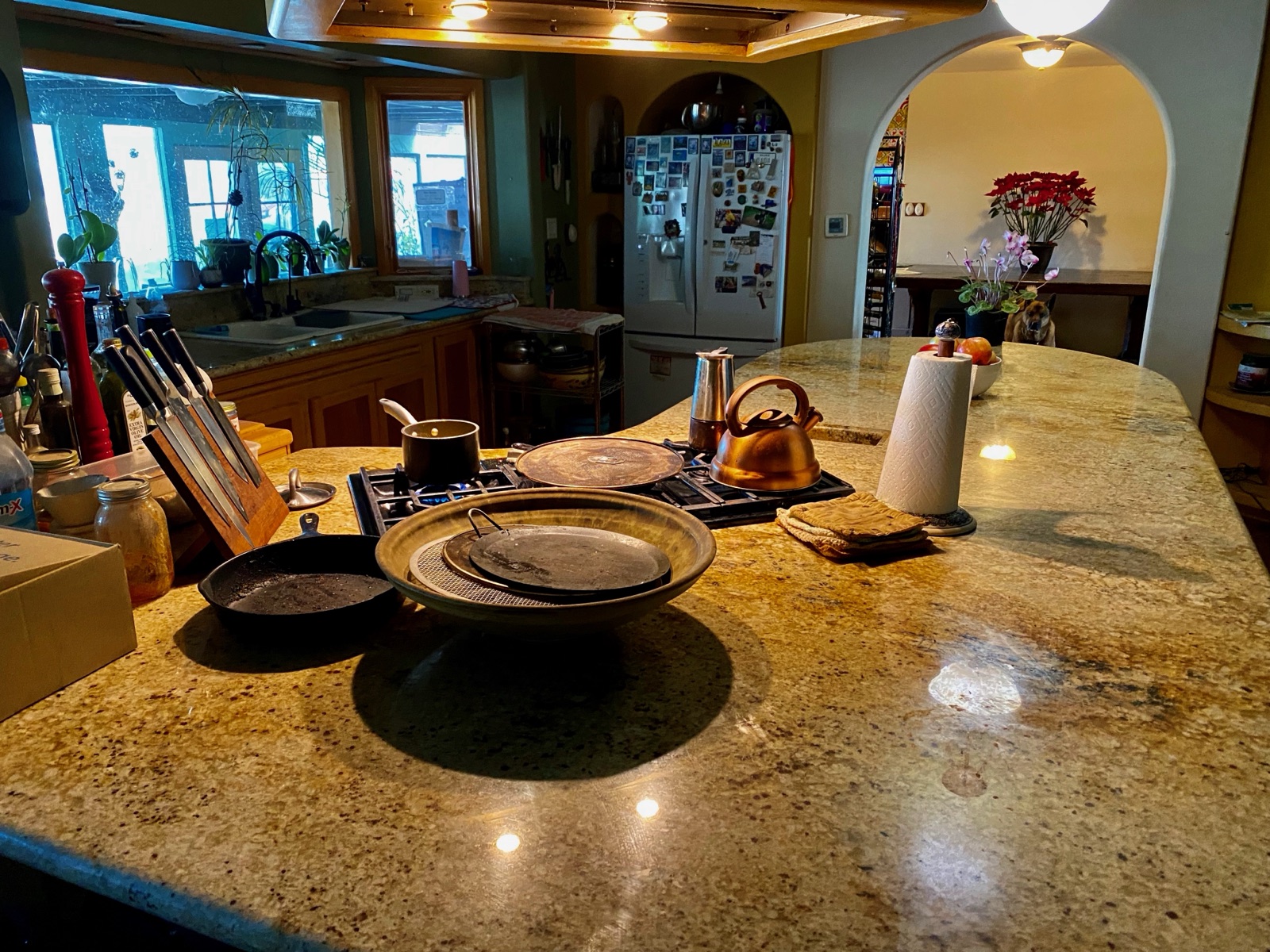 The kitchen — granite island beneath the arches